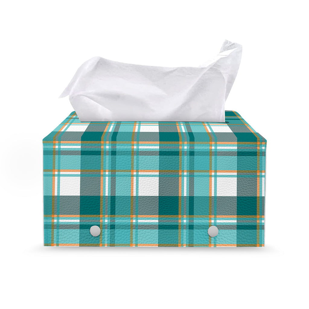 Teal Madras Pattern Print Leather Tissue Box Cover
