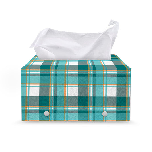 Teal Madras Pattern Print Leather Tissue Box Cover