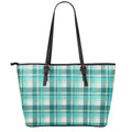 Teal Madras Pattern Print Leather Tote Bag With Zipper