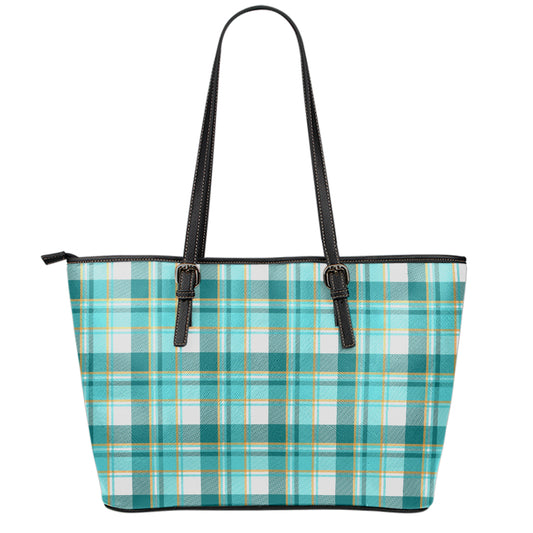 Teal Madras Pattern Print Leather Tote Bag