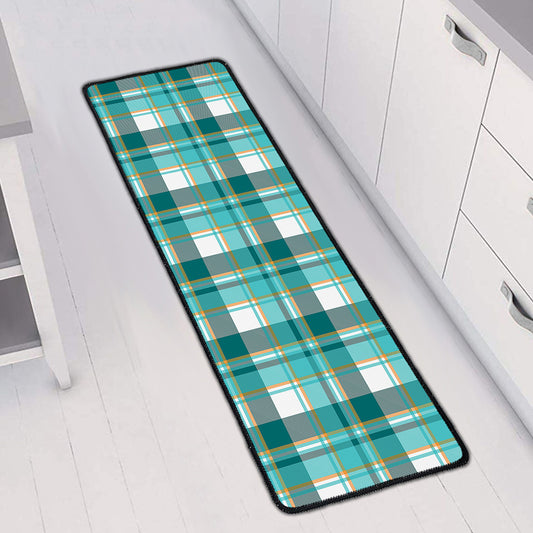 Teal Madras Pattern Print Long Kitchen Mat