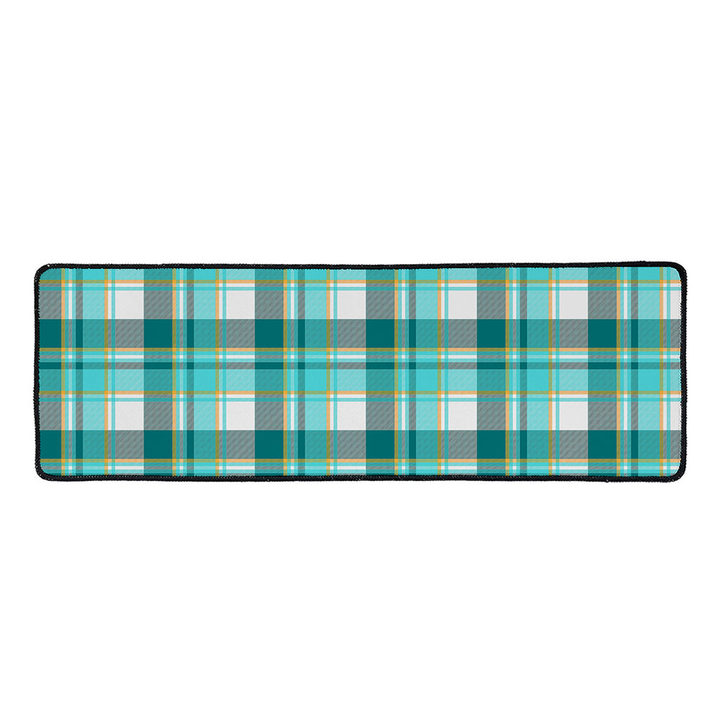 Teal Madras Pattern Print Long Kitchen Mat