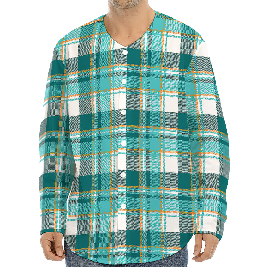 Teal Madras Pattern Print Long Sleeve Baseball Jersey