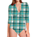 Teal Madras Pattern Print Long Sleeve Swimsuit