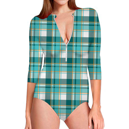 Teal Madras Pattern Print Long Sleeve Swimsuit