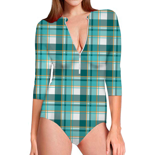 Teal Madras Pattern Print Long Sleeve Swimsuit