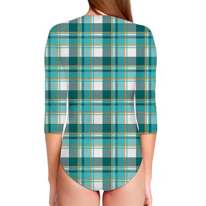 Teal Madras Pattern Print Long Sleeve Swimsuit