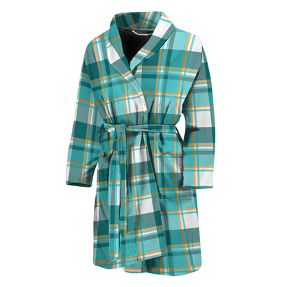 Teal Madras Pattern Print Men's Bathrobe