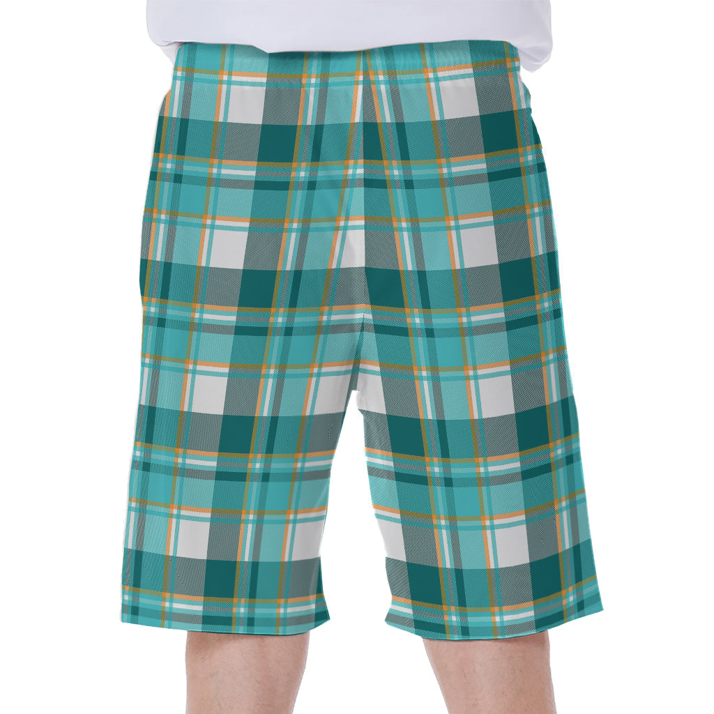 Teal Madras Pattern Print Men's Beach Shorts