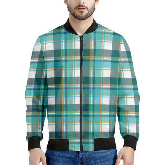 Teal Madras Pattern Print Men's Bomber Jacket