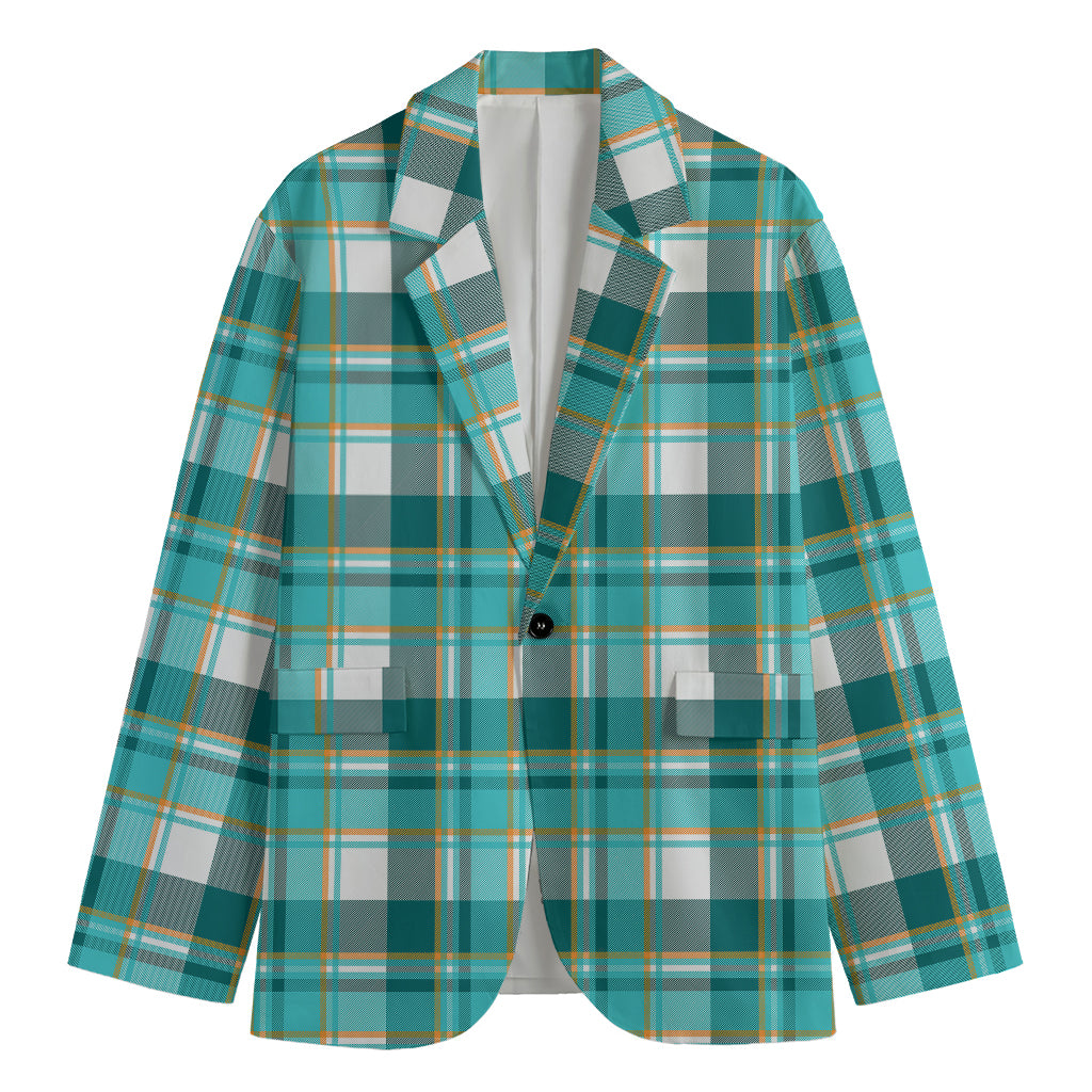 Teal Madras Pattern Print Men's Cotton Blazer