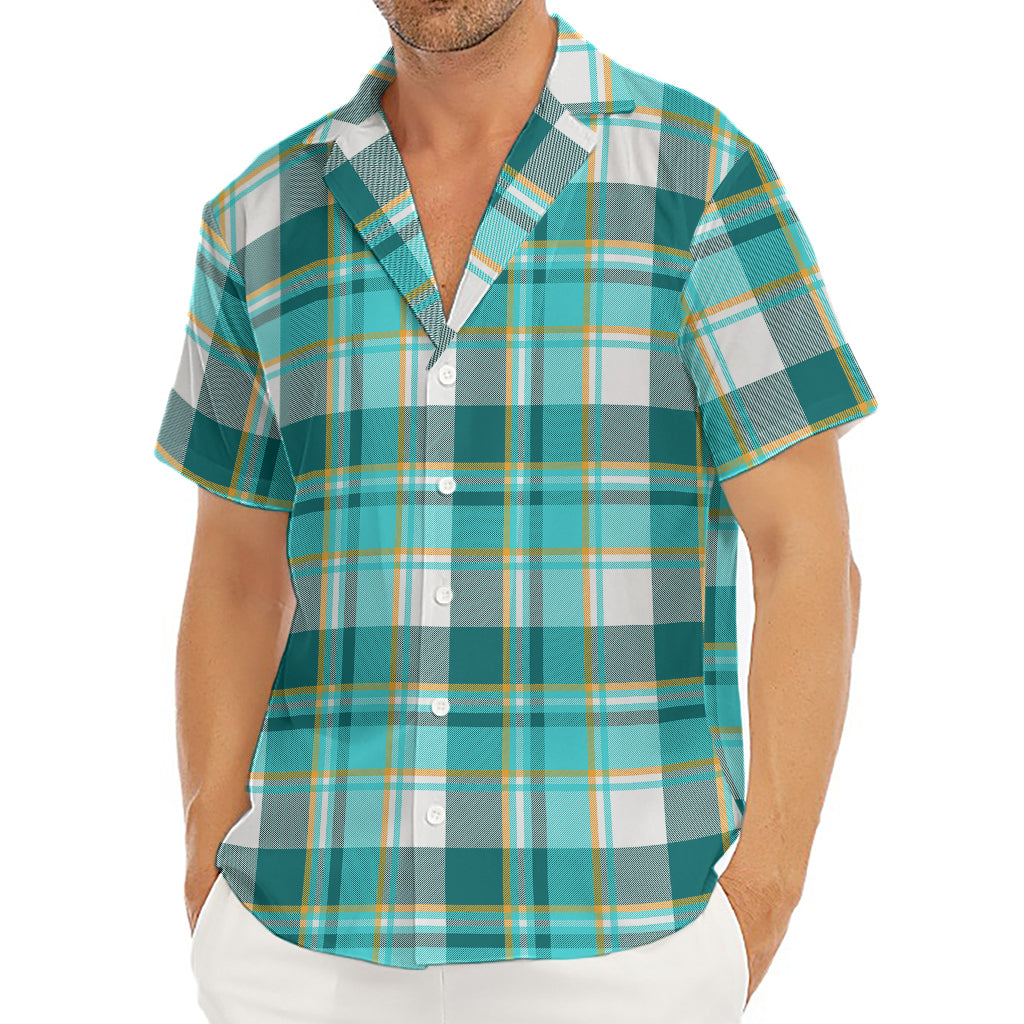 Teal Madras Pattern Print Men's Deep V-Neck Shirt