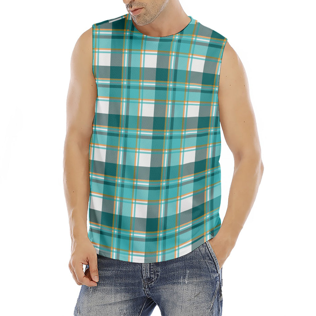 Teal Madras Pattern Print Men's Fitness Tank Top