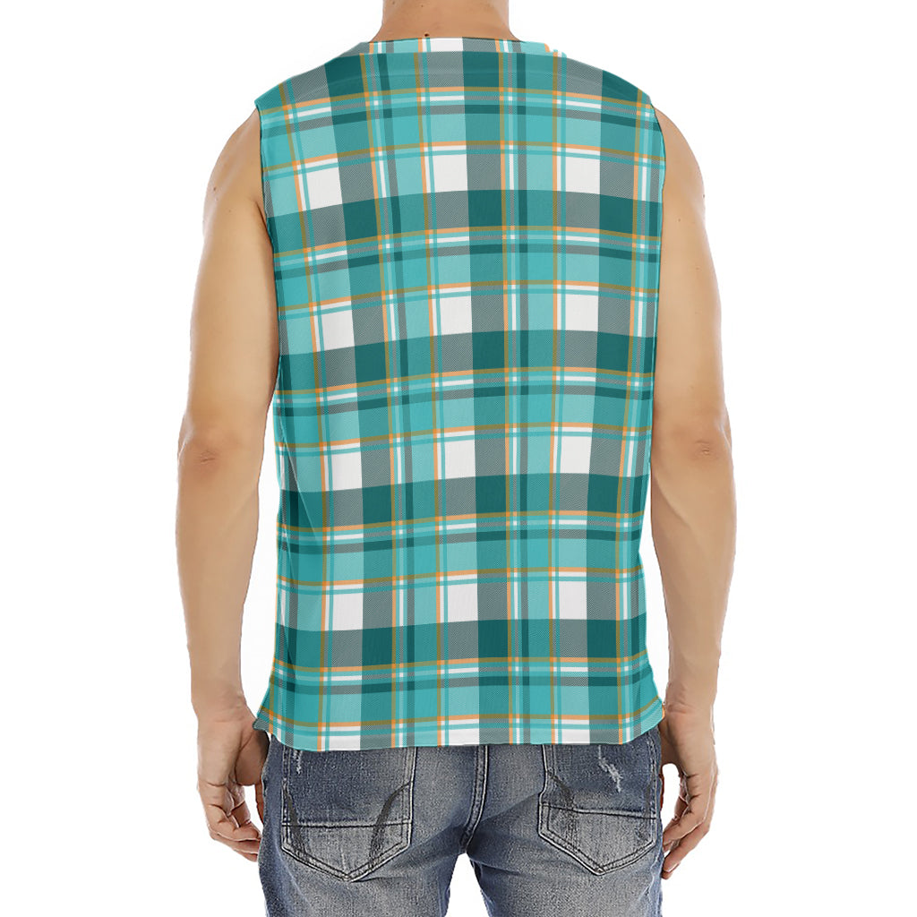 Teal Madras Pattern Print Men's Fitness Tank Top