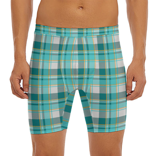Teal Madras Pattern Print Men's Long Boxer Briefs