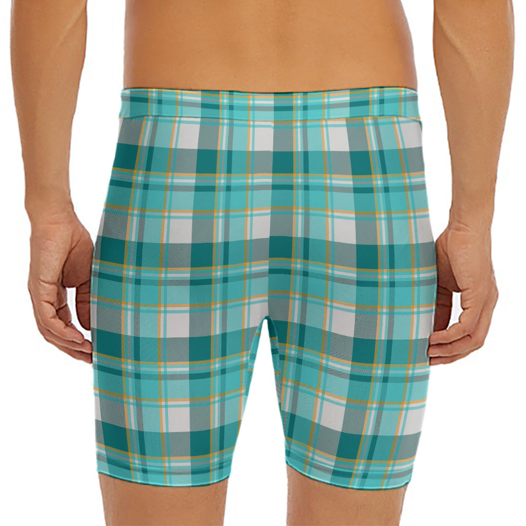 Teal Madras Pattern Print Men's Long Boxer Briefs