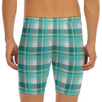 Teal Madras Pattern Print Men's Long Boxer Briefs
