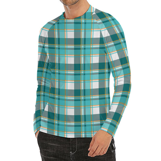 Teal Madras Pattern Print Men's Long Sleeve Rash Guard