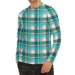 Teal Madras Pattern Print Men's Long Sleeve Rash Guard
