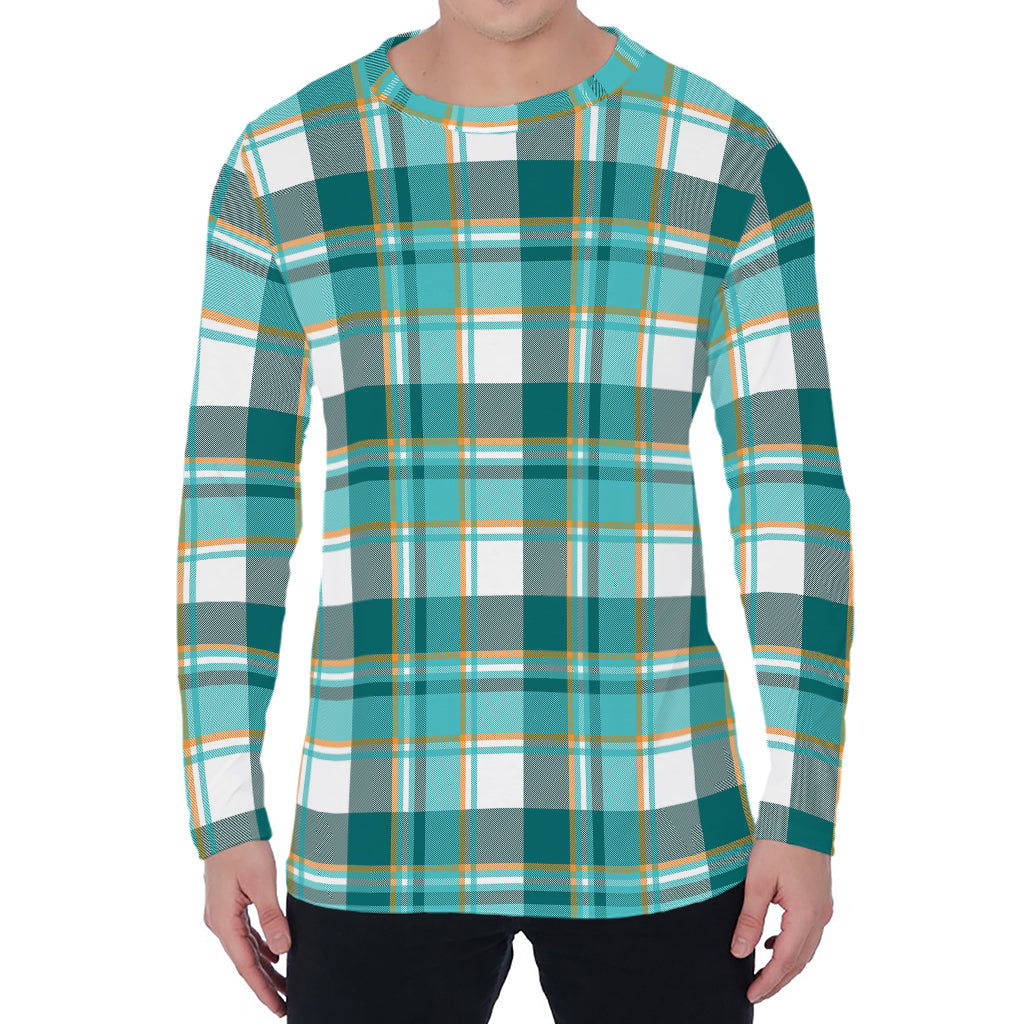 Teal Madras Pattern Print Men's Long Sleeve T-Shirt