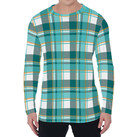 Teal Madras Pattern Print Men's Long Sleeve T-Shirt