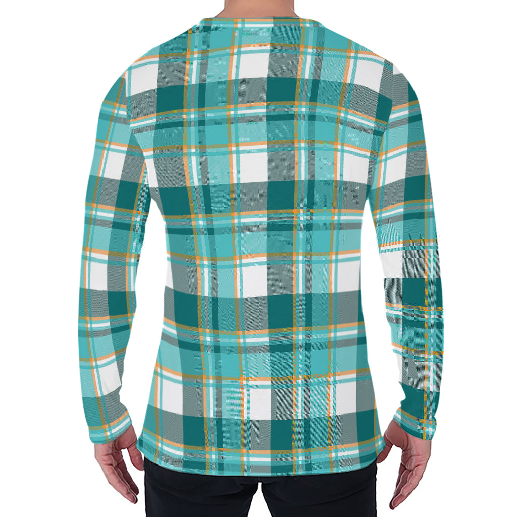 Teal Madras Pattern Print Men's Long Sleeve T-Shirt
