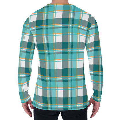 Teal Madras Pattern Print Men's Long Sleeve T-Shirt