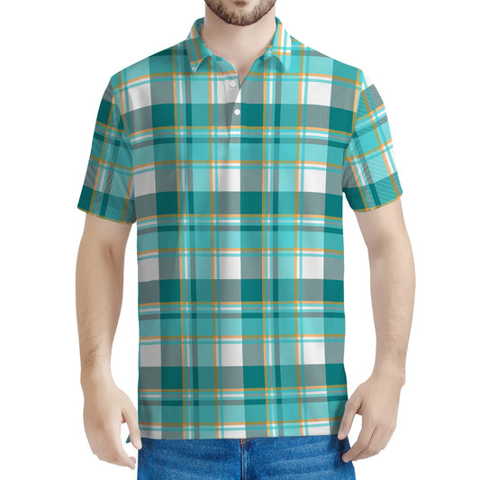 Teal Madras Pattern Print Men's Polo Shirt