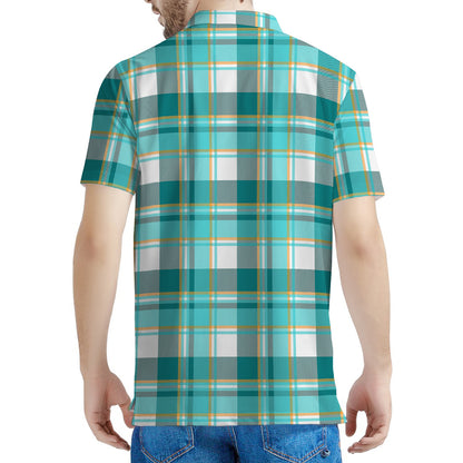 Teal Madras Pattern Print Men's Polo Shirt