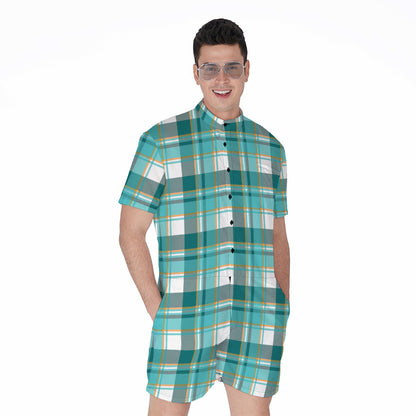 Teal Madras Pattern Print Men's Rompers