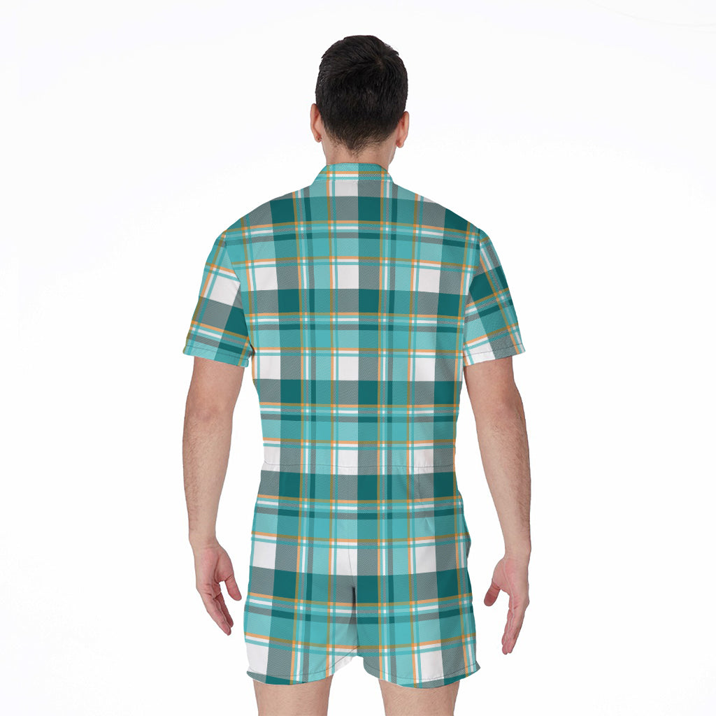 Teal Madras Pattern Print Men's Rompers