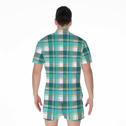 Teal Madras Pattern Print Men's Rompers