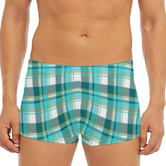 Teal Madras Pattern Print Men's Short Boxer Briefs