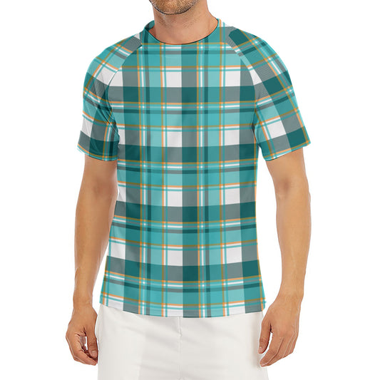 Teal Madras Pattern Print Men's Short Sleeve Rash Guard