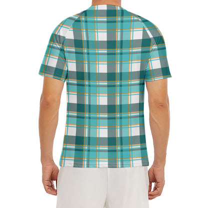 Teal Madras Pattern Print Men's Short Sleeve Rash Guard