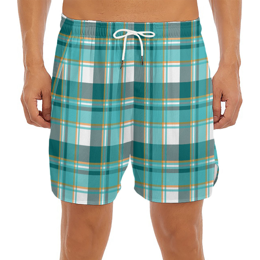 Teal Madras Pattern Print Men's Split Running Shorts