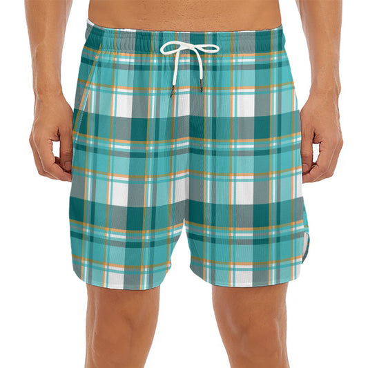 Teal Madras Pattern Print Men's Split Running Shorts