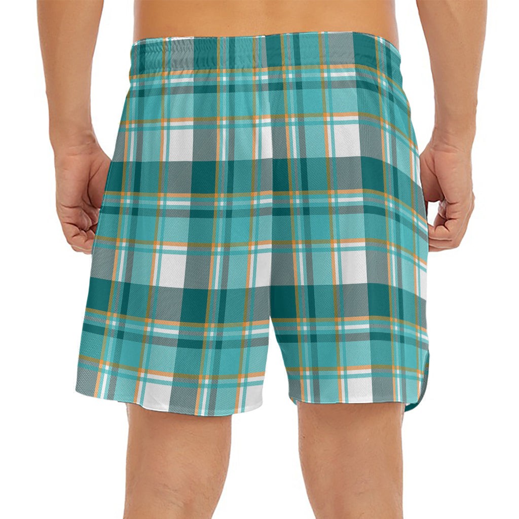Teal Madras Pattern Print Men's Split Running Shorts