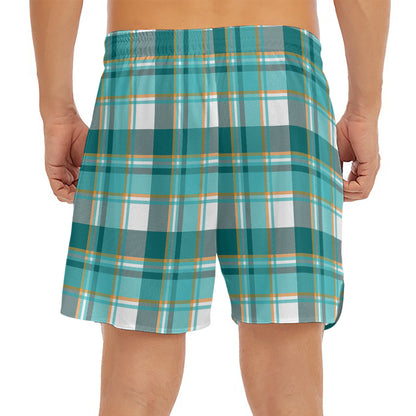 Teal Madras Pattern Print Men's Split Running Shorts
