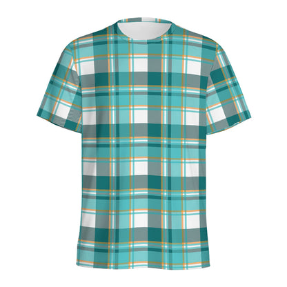 Teal Madras Pattern Print Men's Sports T-Shirt