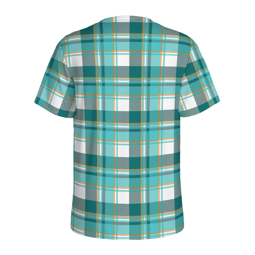 Teal Madras Pattern Print Men's Sports T-Shirt