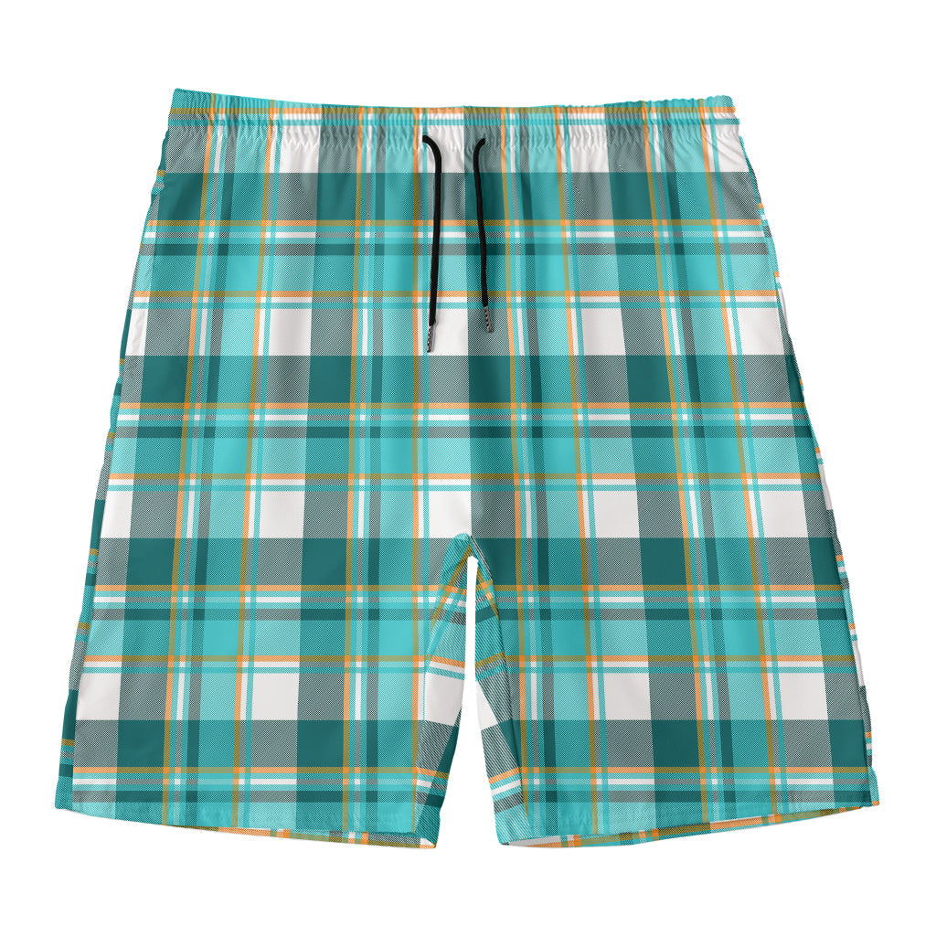 Teal Madras Pattern Print Men's Swim Trunks
