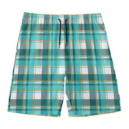 Teal Madras Pattern Print Men's Swim Trunks