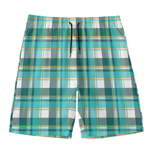 Teal Madras Pattern Print Men's Swim Trunks