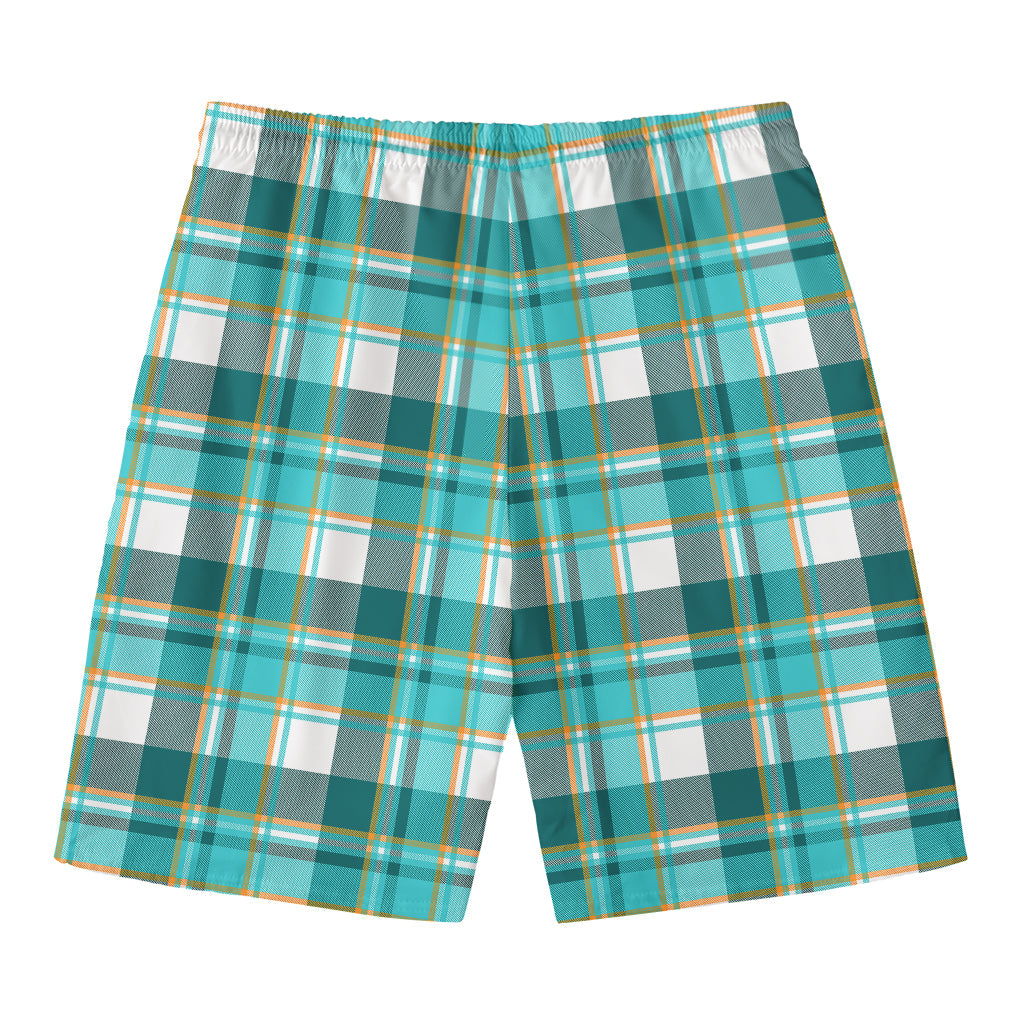 Teal Madras Pattern Print Men's Swim Trunks