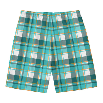 Teal Madras Pattern Print Men's Swim Trunks