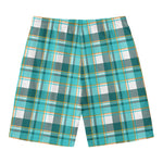 Teal Madras Pattern Print Men's Swim Trunks