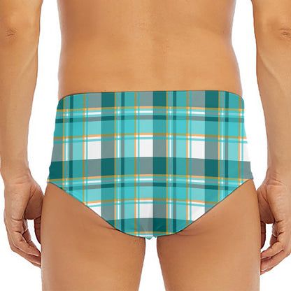 Teal Madras Pattern Print Men's Triangle Swim Briefs