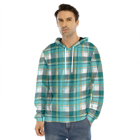 Teal Madras Pattern Print Men's Velvet Pullover Hoodie