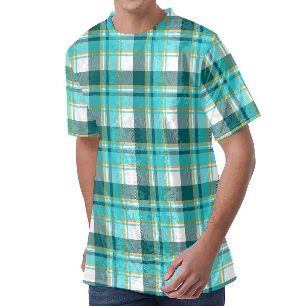 Teal Madras Pattern Print Men's Velvet T-Shirt